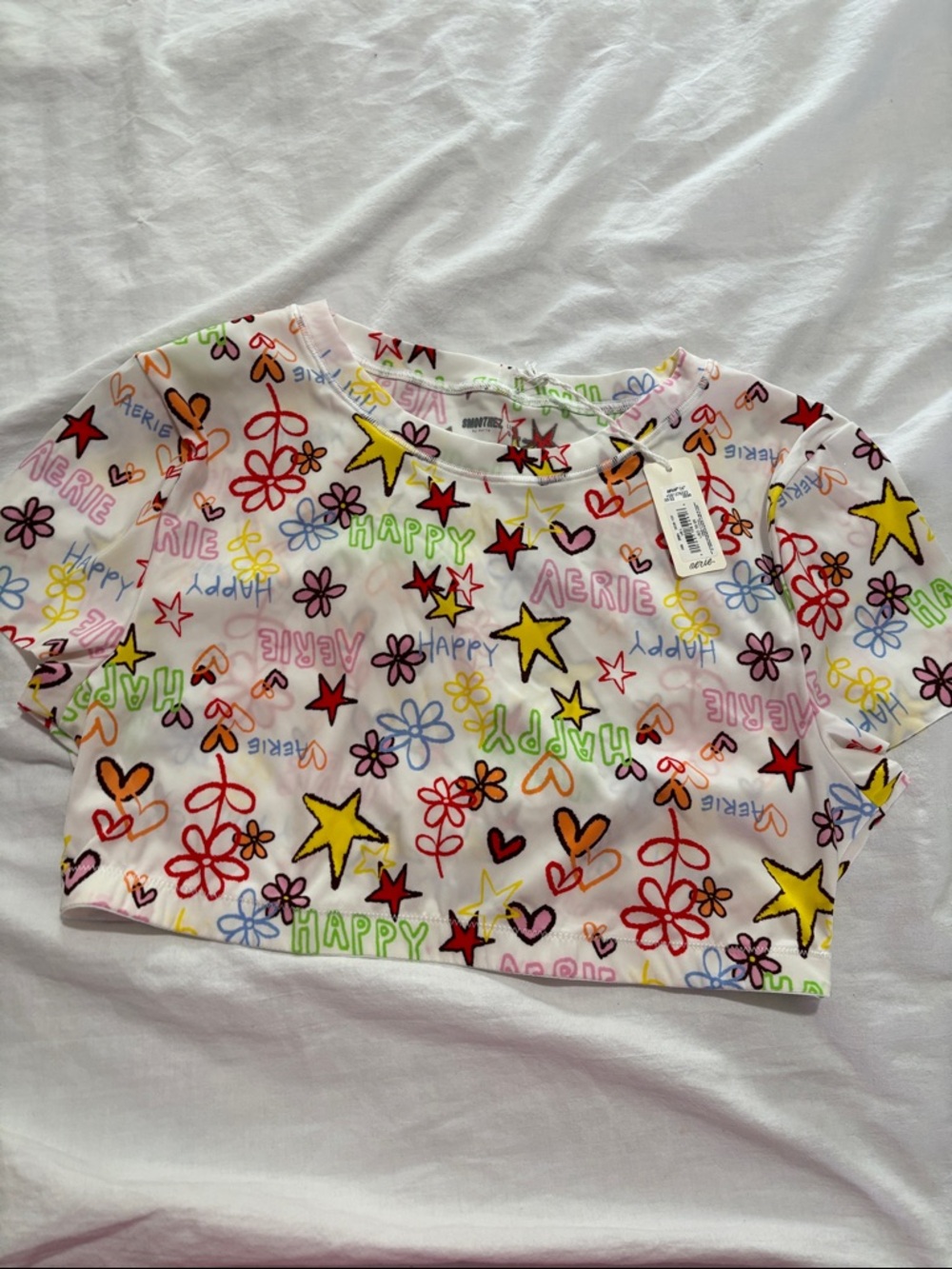 aerie White Crop Tee with Multicolor Happy Stars & Hearts